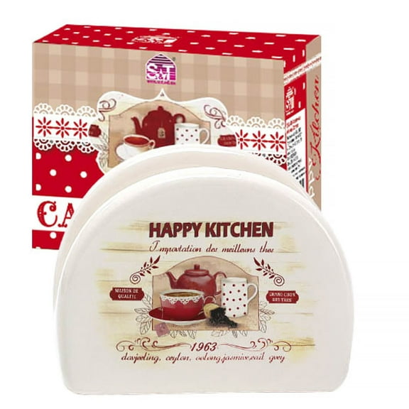 STP GOODS Happy Kitchen Ceramic Napkin Holder for Kitchen 3.9x 3.1" (10x 8 cm) Napkin Stand Napkin Holders for Table Kitchen Paper Tissue Organizer, Red and Ivory