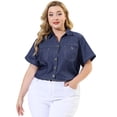 thumbnail image 4 of Women's Plus Size Shirt Short Sleeve Chest Pocket Button Down Denim Shirts Black Blue 1X, 4 of 7