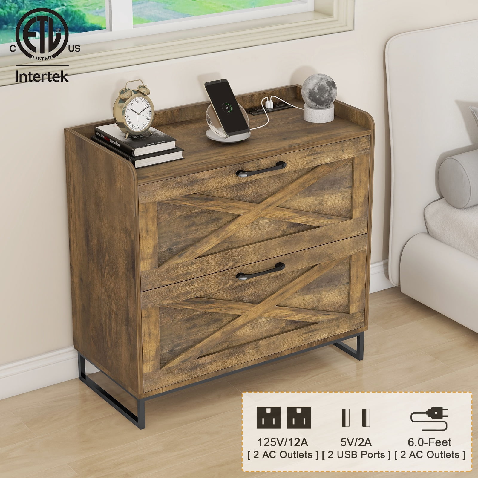 Lateral File Cabinet 2 Drawer File Cabinet with Charging Station for Legal/Letter/A4 Size Hanging Files, Large Wood File Storage Cabinets Printer Stand for Home Office Furniture, Rustic Brown