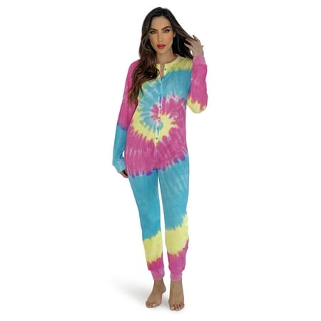 #followme Women's Thermal Henley Bodysuit - Cozy and Comfortable Winter Sleepwear and Loungewear Union Suit (Tie Dye Pastel Swirl, Small)