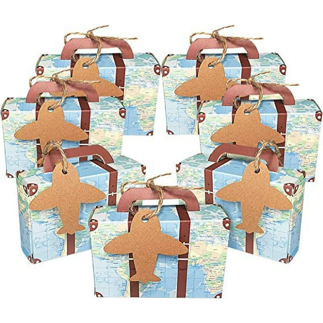 Zhuge Cajas de dulces con temática de viaje, 100 unidades, mini maletas vintage de papel kraft, cajas de regalo para bodas con etiquetas y cordel de arpillera para decoración