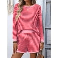 thumbnail image 6 of 2 Piece Sets for Women Summer Cute Stripe Long Sleeve Knit T Shirts Shorts Matching Lounge Set Rose Red L, 6 of 8