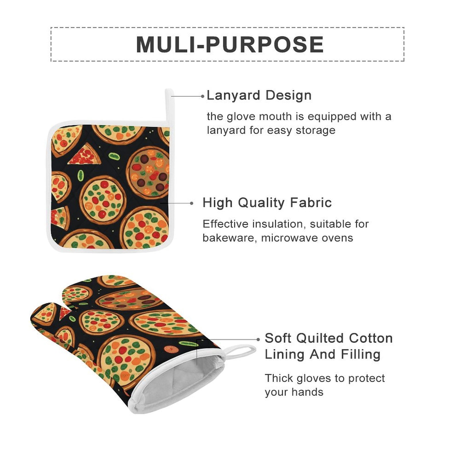 Fun Pizza Oven Mitts And Pot Holders Sets of 4 Oven Gloves Set Potholders for Kitchen Cooking Baking Grilling Anti Scald Hot Pads And Heat Resistant