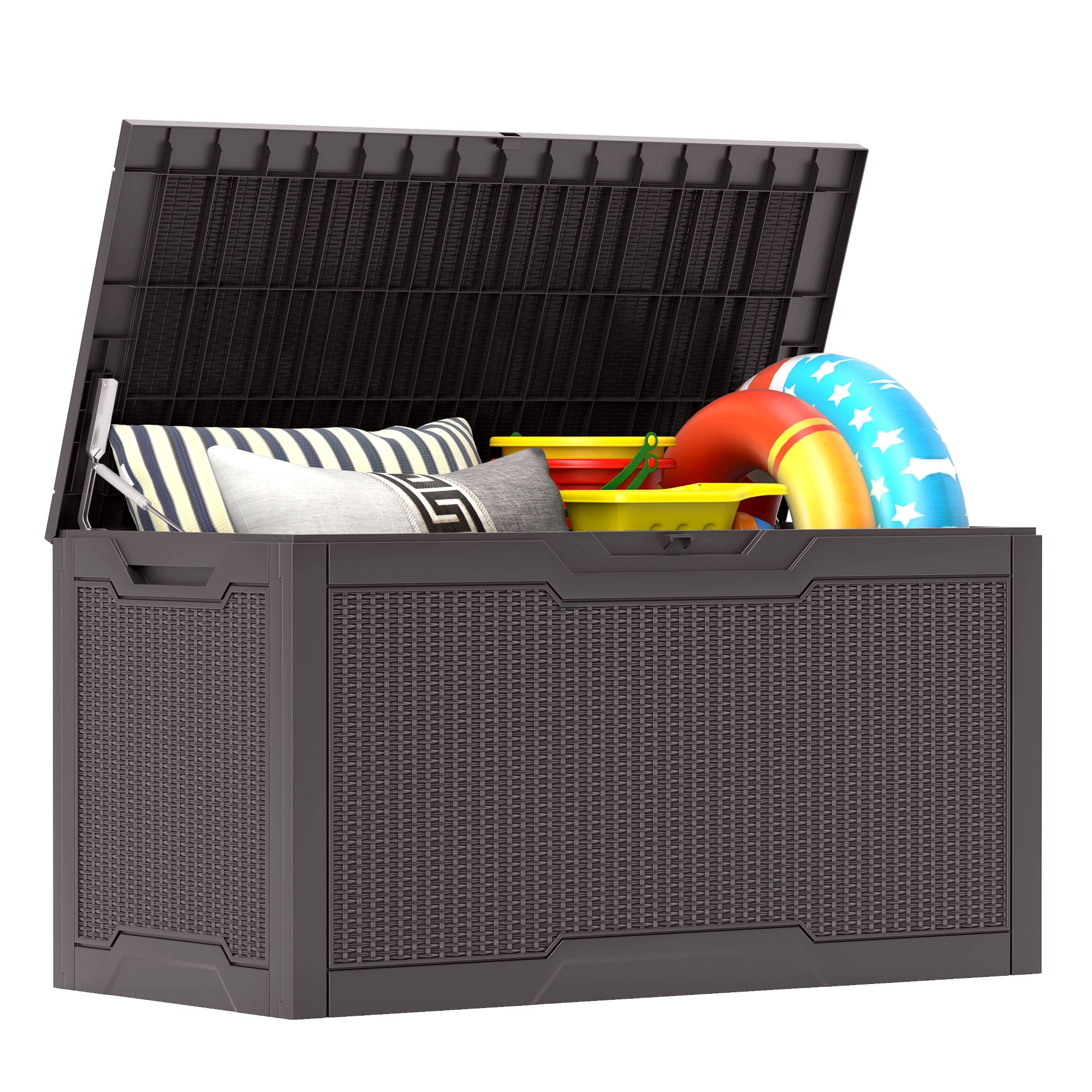 Uforic 100 Gallon Lockable Resin Outdoor Storage Deck Box, Uforic Multipurpose Storage Chest for Patio Accessories Garden Tools Daily Essentials, Weather Resistant, Dark Brown