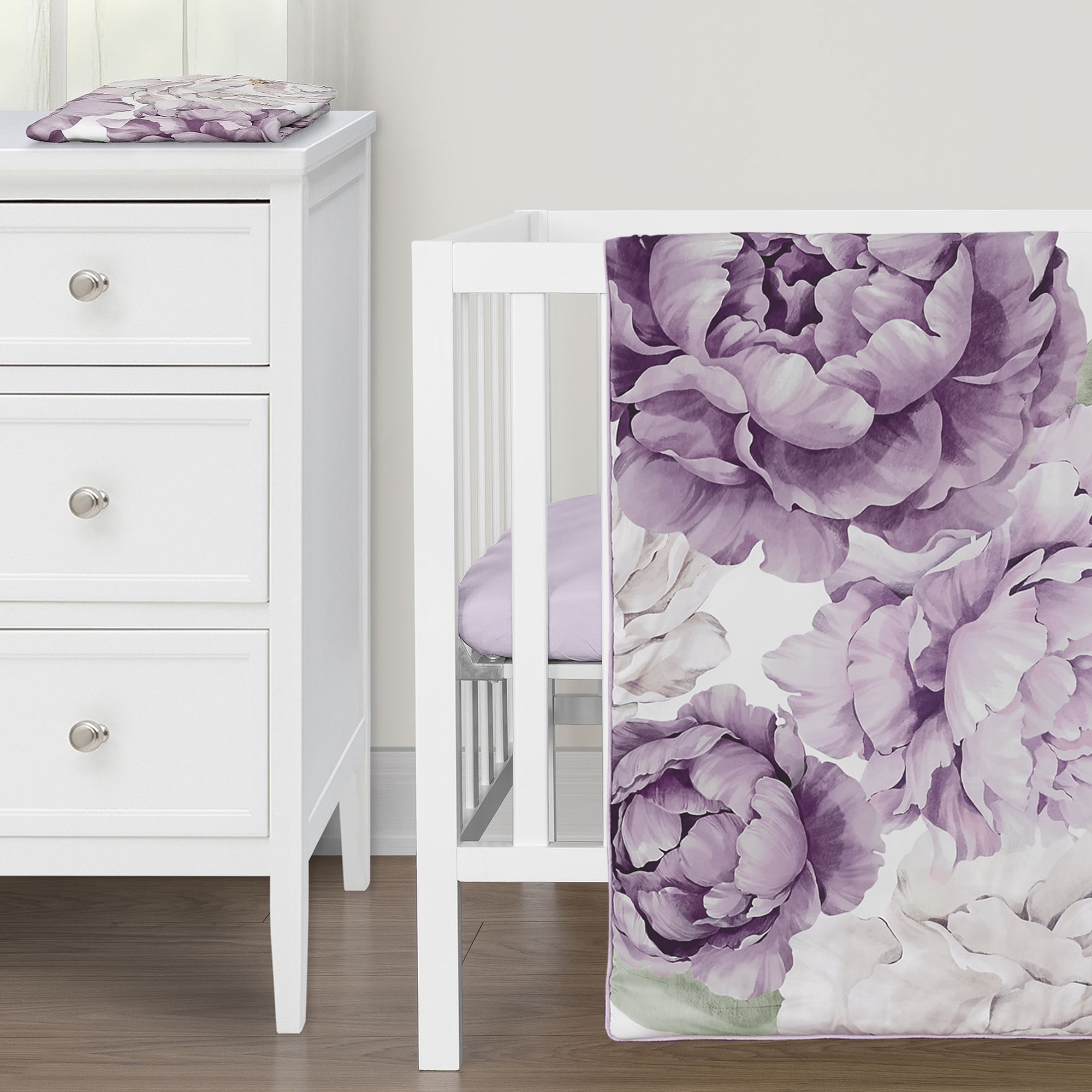 Sweet Jojo Designs Peony Floral Garden Lavender Purple and Ivory Girl Mini Crib Bedding Set 3 Piece