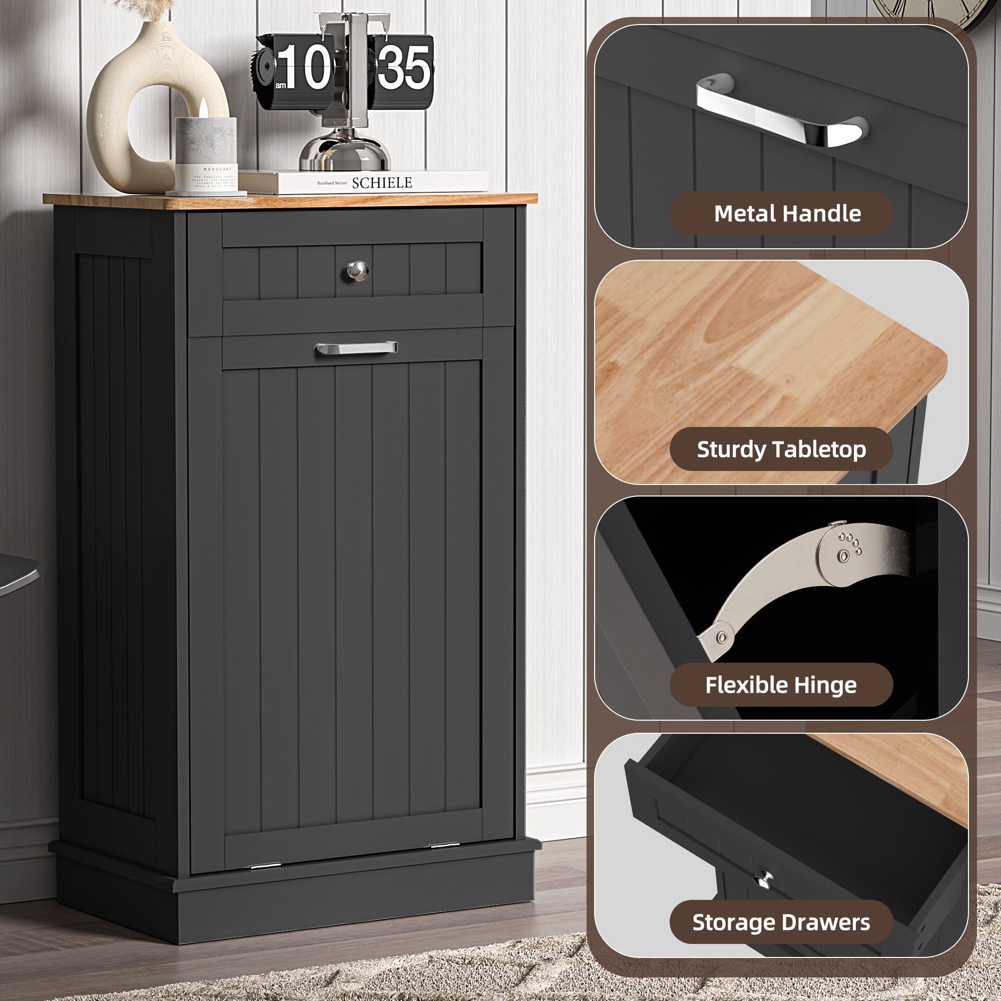 HARIPUL Single Tilt Out Trash Cabinet for 13 Gallon Waste Bin, Free Standing Kitchen Trash Can Cabinet with Drawers, Black