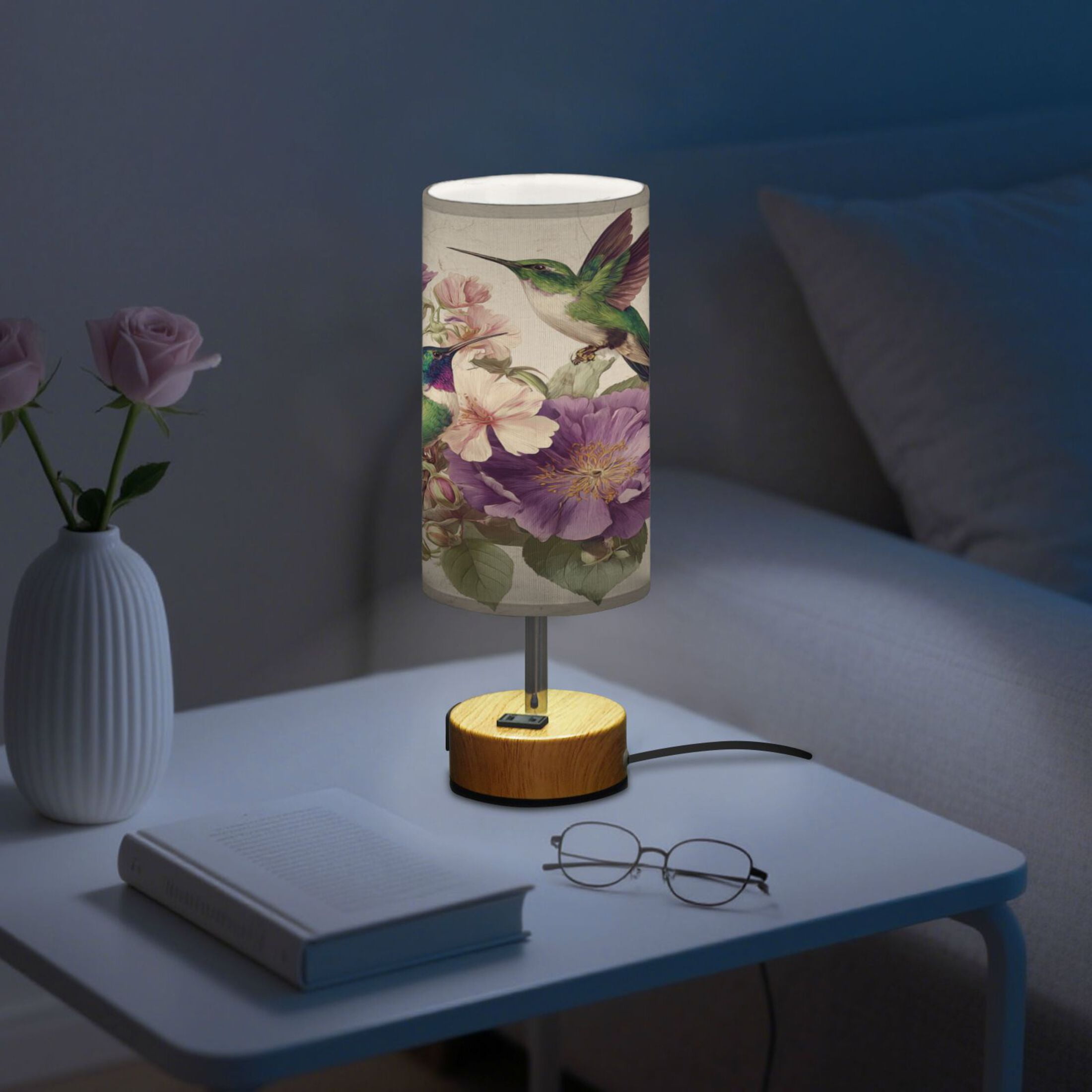 Touch-Control 3-Color Desk Lamp with Plug – Energy-Saving LED + 3 Simultaneous Charging Ports Two Vintage Hummingbirds