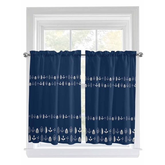 Rustic Botanical Bathroom Window Curtain, Japanese Herb on Navy Blue Simple Art Light Filtering Coffee Kitchen Curtains, Bedroom Living Room Curtains 2 Panel 84"x45"