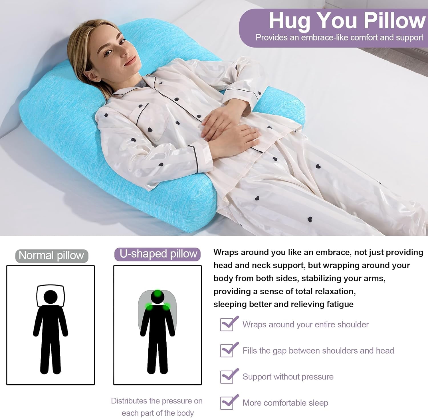 Cooling U Shaped Pillow for Neck, Contour Shoulder Pillow for Side Sleepers, Ergonomic Body Pillows for Adults, Hug Pillow with Washable Cover for Back, Shoulder Pressure Reduce (Light Blue)
