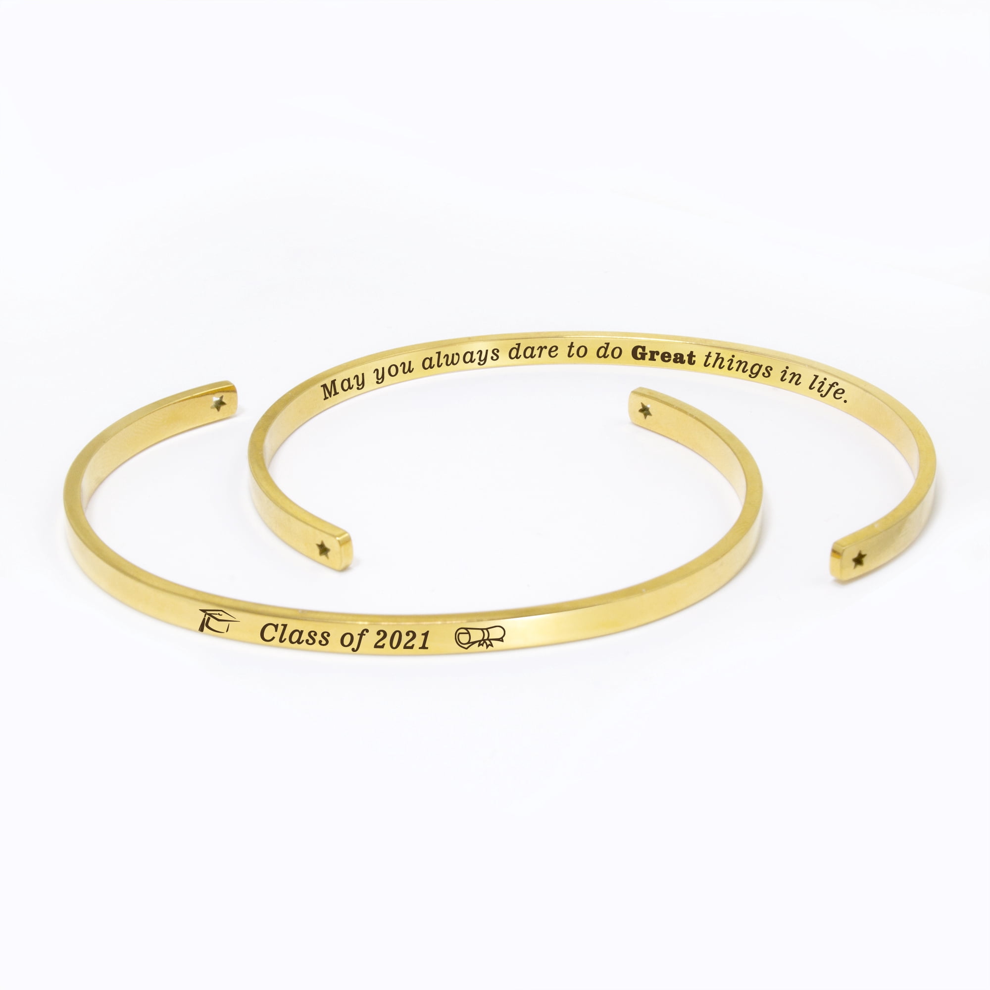 "May you always dare to…" Gold Stainless Steel Graduation Theme Hidden Message Gift for Her Cuff Bracelet with Gift Set