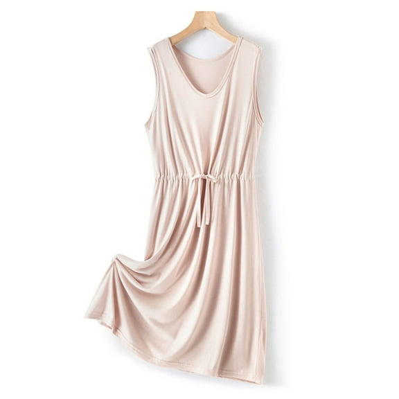 Fazvaoo Womens Nightgowns Sleeveless V-Neck Long Nightdress Loose Comfortable Plain Nightgowns(Beige,Size L-XL)