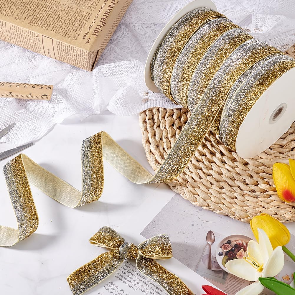 1roll 50 Yards(45.7m) Christmas Gold Metallic Ribbon 1 inch(2.7cm) Width Single Face Wide Ribbon with Spool Sparkle Polyester Ribbon for Holiday Wedding Birthday Party Decor Wrapping Silver