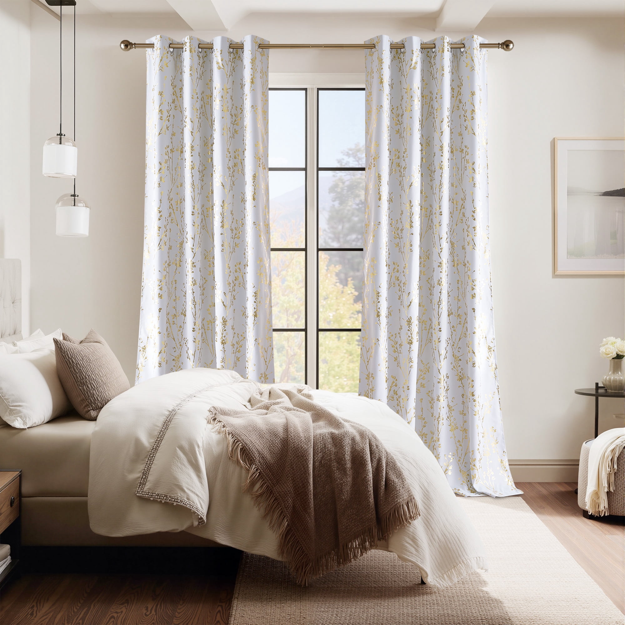 NICETOWN 100% Blackout Curtains 84 Inch Length Gold White Foil Branch Grommet Full Room Darkening Curtains, Thermal Panels Curtains for Bedroom & Living Room, 2 Panels