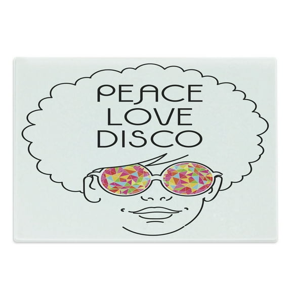 70s Party Cutting Board, Girl with Afro Hair and Glasses Hippie Seventies Art Peace Love Disco Lettering, Decorative Tempered Glass Cutting and Serving Board, Large Size, Multicolor, by Ambesonne