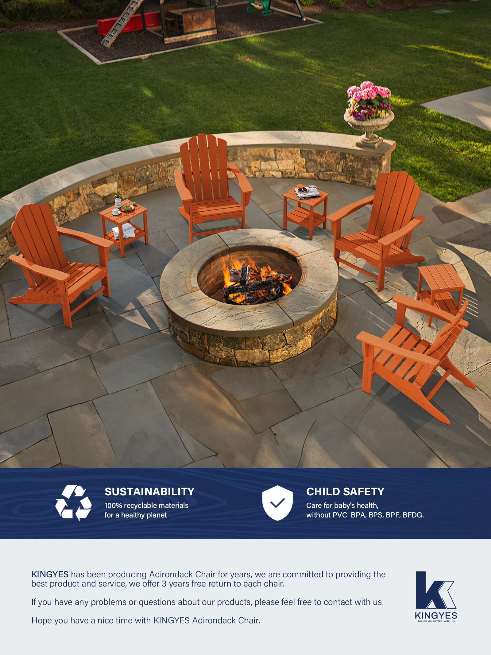 KINGYES HDPE Adirondack Chair, All-Weather Outdoor Fire Pit Chairs for Patio Deck Lawn, Orange