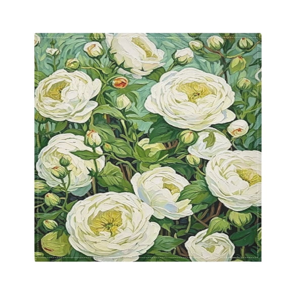 Iauyy Satin Napkins Set of 1- Oil-painted White Peonies DIY Printing Decoration Cloth Napkin- Easy Care for Home/Party