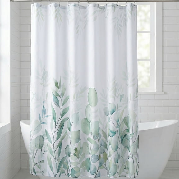 Unique Bargains Floral Print Sets, Waterproof Bath Curtain Green 71"W x 71"L