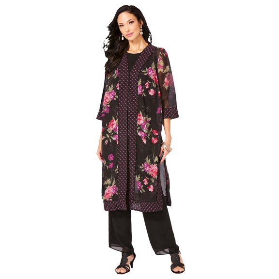 Roaman's Women's Plus Size Three-Piece Duster & Pant Suit