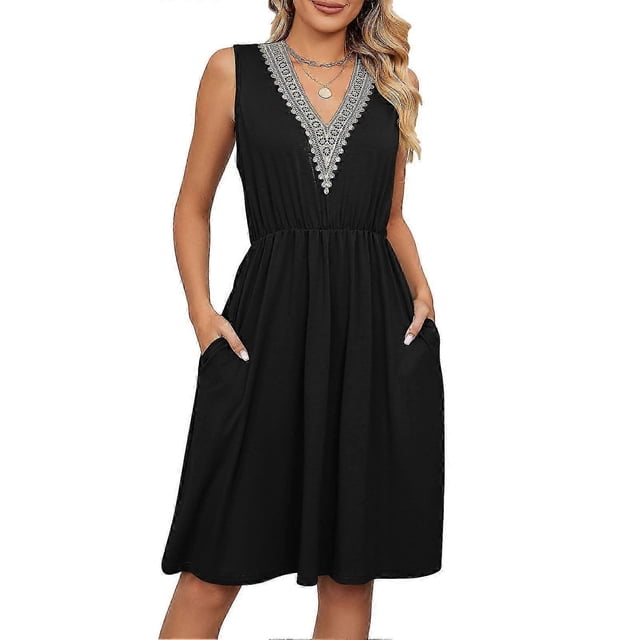 Vestido de mujer sin mangas con cintura elástica, bolsillos, escote en V y detalles de encaje, ideal para primavera y verano.