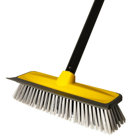 Muling Floor Cleaning Brush with Squeegee, 60” Long Handle Scrape Brush, Stiff Bristles Deck Brush,Yellow