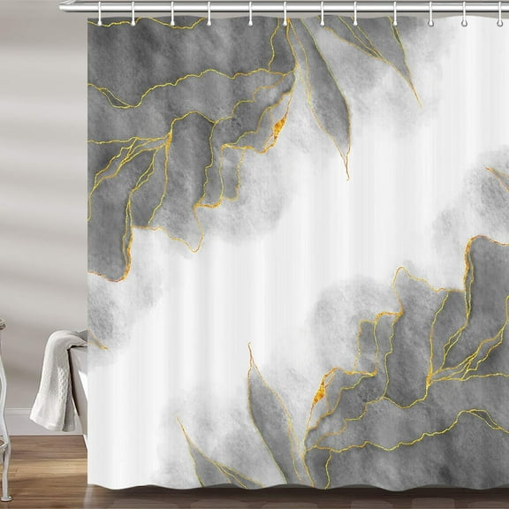 VEIVIAN Grey and Gold Marble Shower Curtain,Modern Abstract Gray White Fabric Shower Curtains Set for Bathroom Decorative,Cute Ombre Restroom Decor Accessories with Hooks,72" x 72"