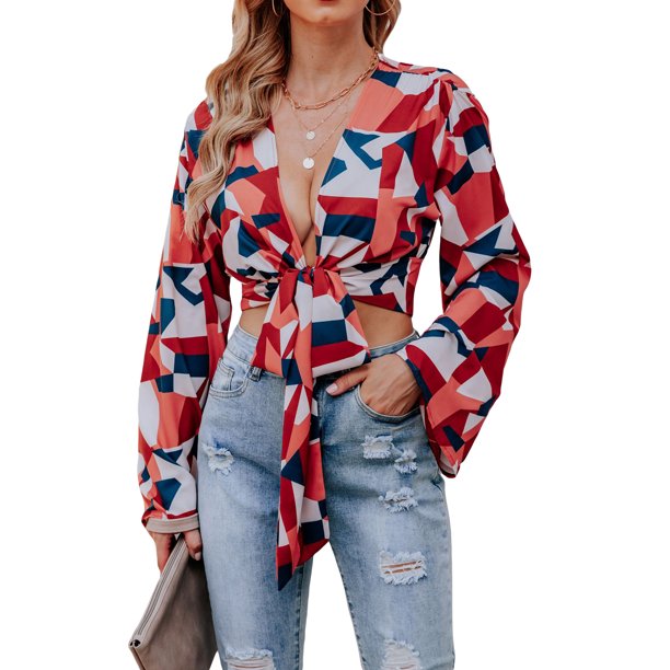 Txlixc Blusa de manga larga para mujeres, flor / patrón geométrico / vendaje impreso leopardo Txlixc moda