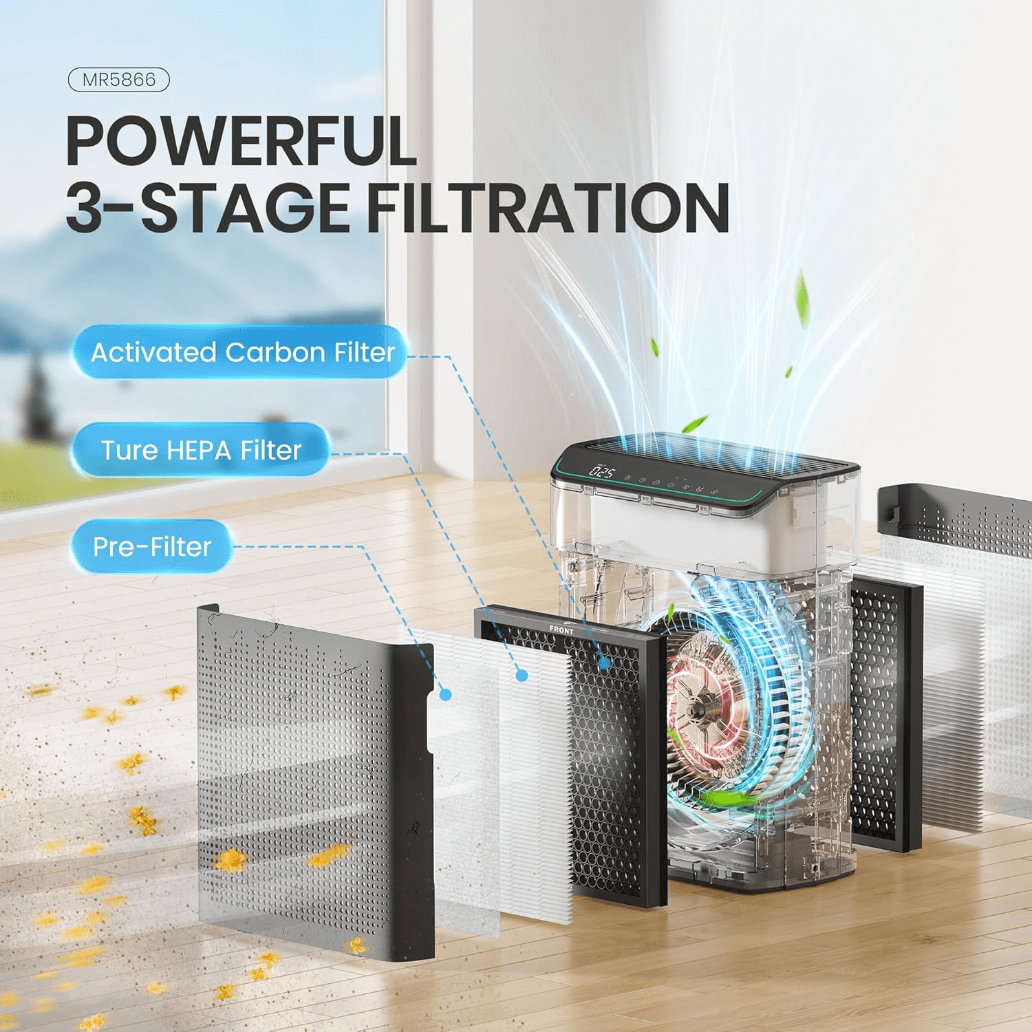 MORENTO Smart Air Purifier for Home Bedroom Large Room Up to 1290 Sqft, Wi-Fi and Alexa compatible, Double-sided HEPA Filter Air Cleaner for Smoke, Dust, Pollen, Pet Hair, Odor, Grey