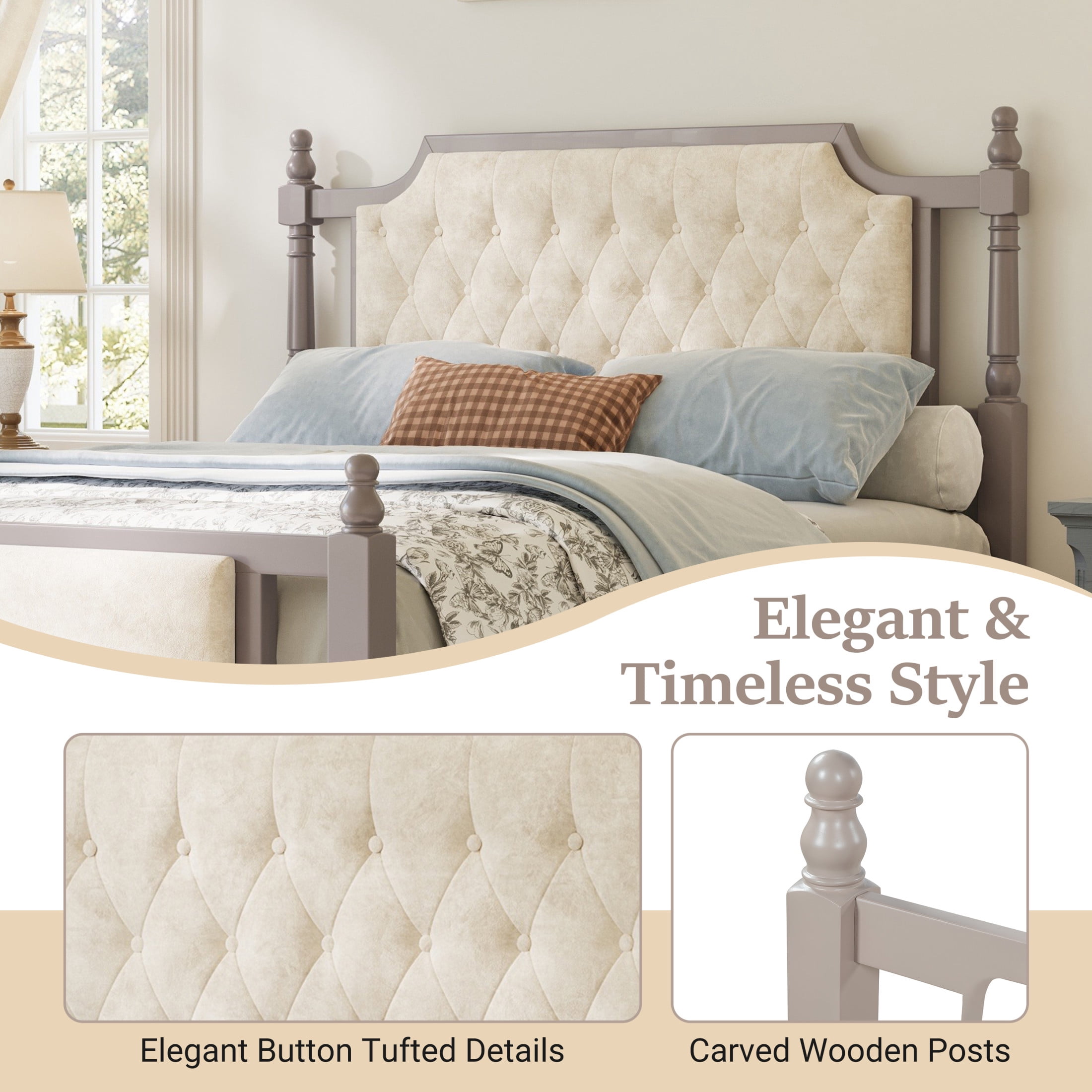 Christopher Knight Home Queen Upholstered Platform Bed, Velvet Tufted Headboard and Footboard, Taupe