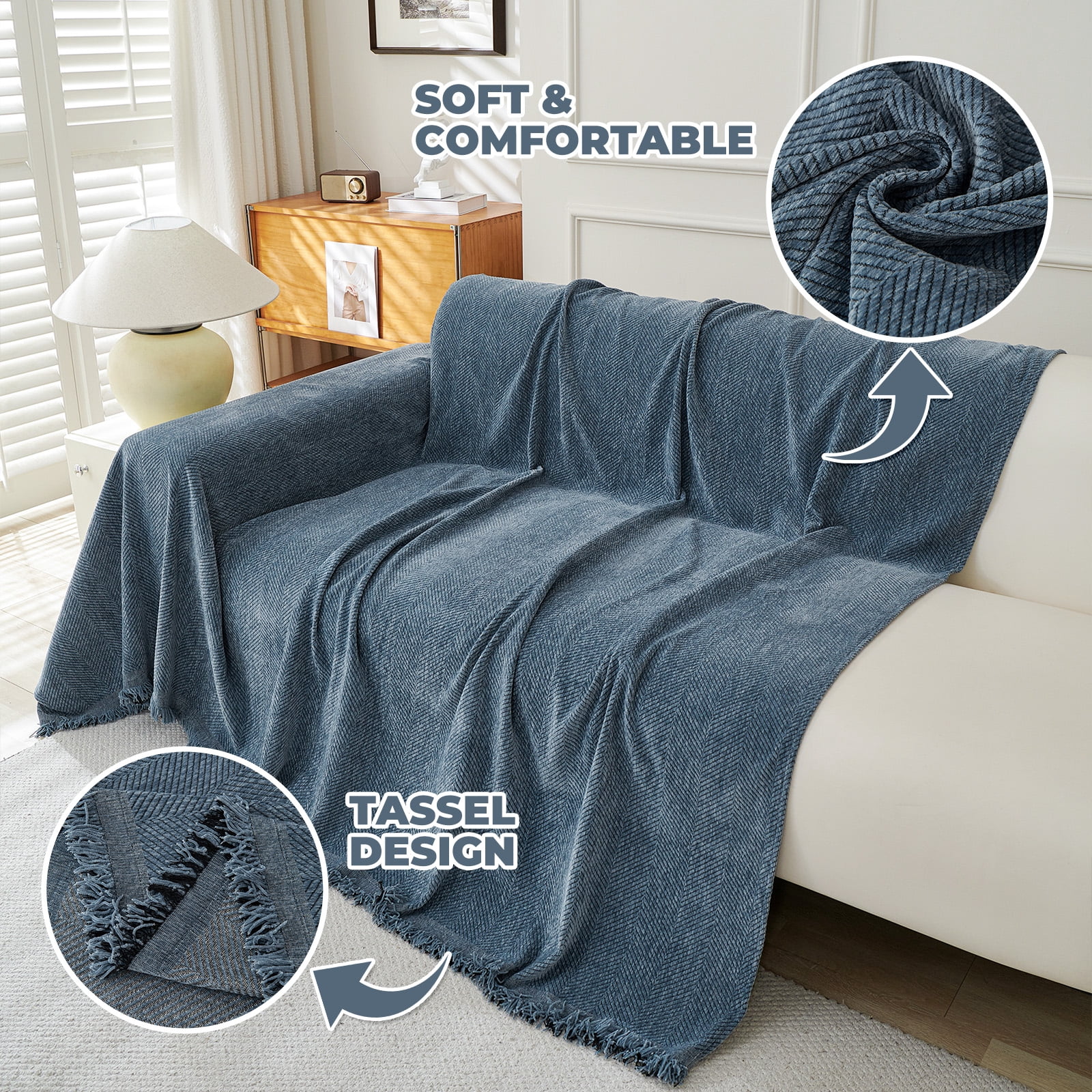 Sanmadrola Sofa Cover Non Slip Couch Cover for 3 Cushion Couch Machine Washable Furniture Protector for Dogs Pet Chenille Throw Slipcover Blanket for Living Room (Blue, 71"x118")