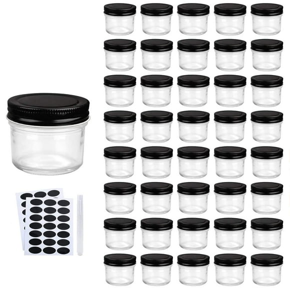 QAPPDA Bocaux en Verre de 4oz avec Couvercles, Petits Bocaux Mason à Large Ouverture, Mini Bocaux de Mise en Conserve avec Couvercles Noirs pour Confiture de Miel, Gelée, Aliments pour Bébé, Faveurs de Mariage, Pots à Épices pour Cuisine et Maison, Ensemble de 40