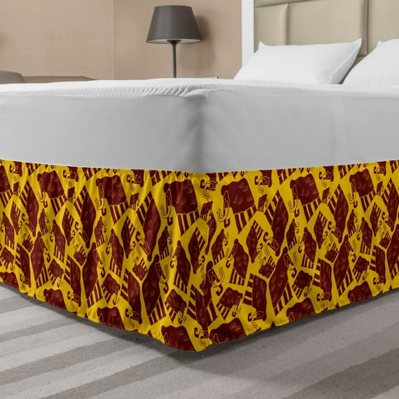 Animal Bed Skirt, Prehistoric Creature Pattern with Giant Jurassic Mammoth Repetition, Elastic Bedskirt Dust Ruffle Wrap Around for Bedding Decor, 4 Sizes, Earth Yellow Burgundy, by Ambesonne