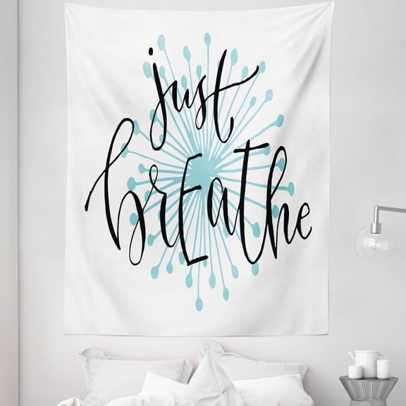 Just Breathe Tapestry, Writing for Optimistic Lifestyle Positive Saying in Hand Writing Style, Fabric Wall Hanging Decor for Bedroom Living Room Dorm, 5 Sizes, Aqua Black White, by Ambesonne