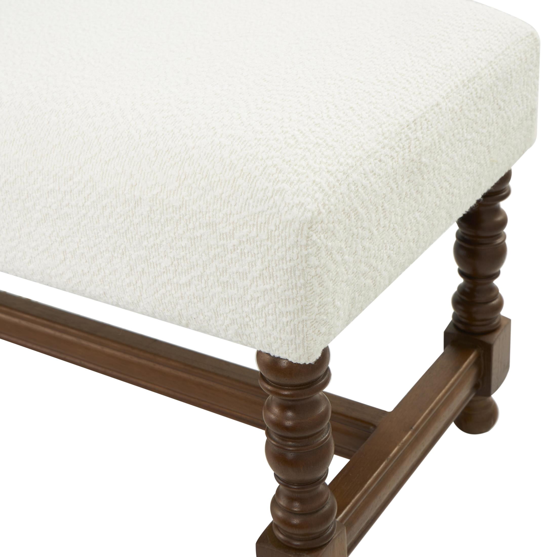DecMode Fabric Bench with Brown Traditional Wood Turned Legs, Cream