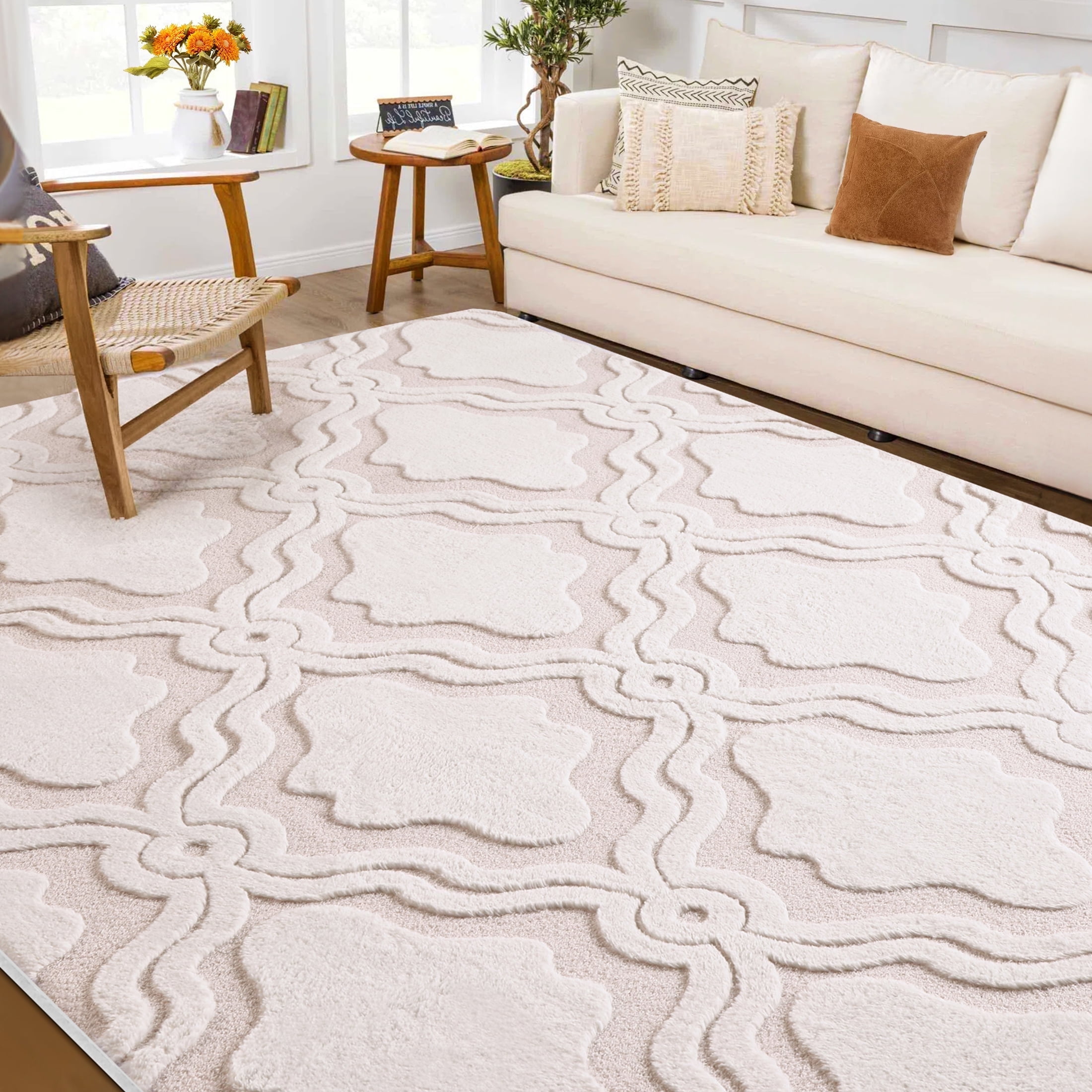 Nefoso Low Pile Area Rug, 8ft x 10ft Washable Area Rugs for Living Room Bedroom Decor, Non-Slip Carpet, Modern Geometric, Beige & Apricot