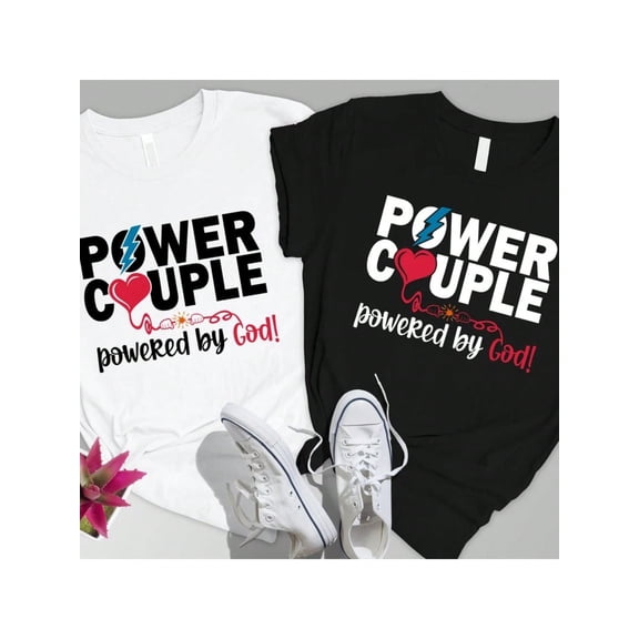 Christian Couple Graphic T-Shirt, Power Couple Powered by God Faith Print Crew Neck Short Sleeve Casual Matching Shirt for Him and Her, Religious Gift