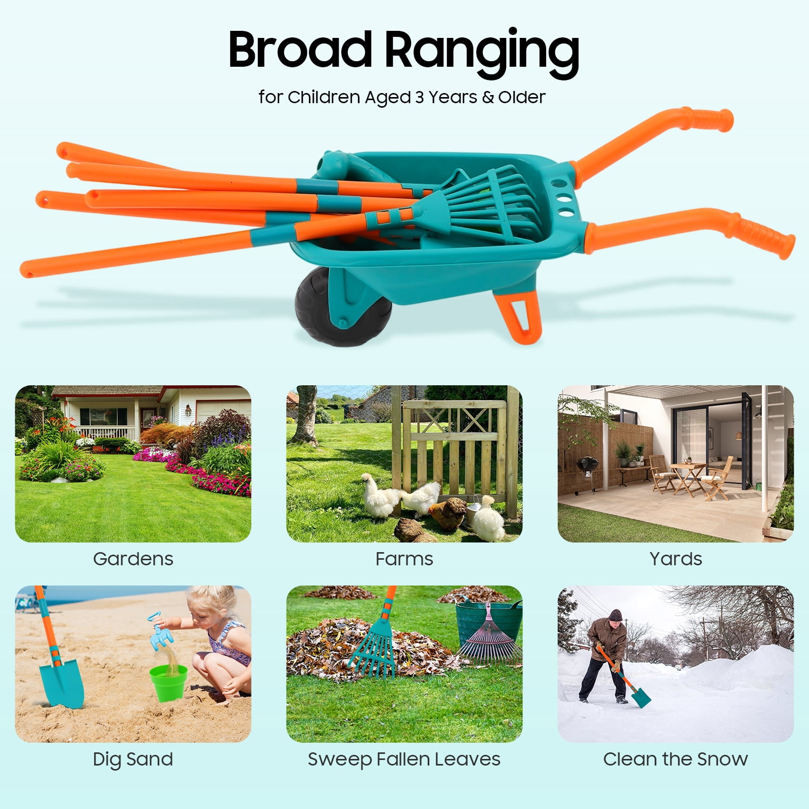 OUTGOO Kids Gardening Tools Set, 10pcs Kids Gardening Tools with Wheelbarrow, Shovel, Rake, Leaf Rake, Outdoor Toddler Toys Yard Digging Weed Pretend Toys for Boys Girls Age 3+