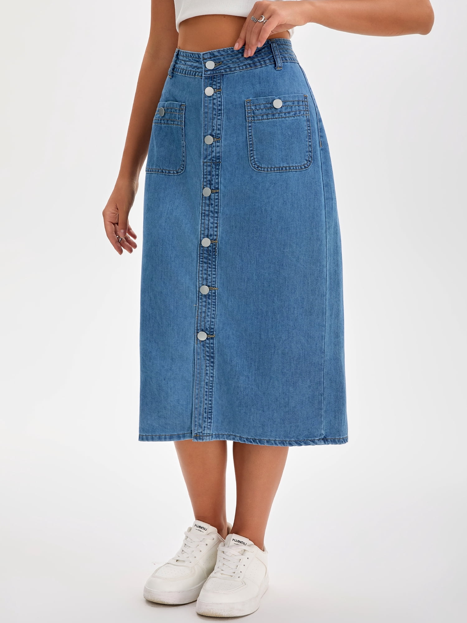 DARING DIVA Women's Slit Back Midi Denim Pencil Skirt with Pockets S Blue