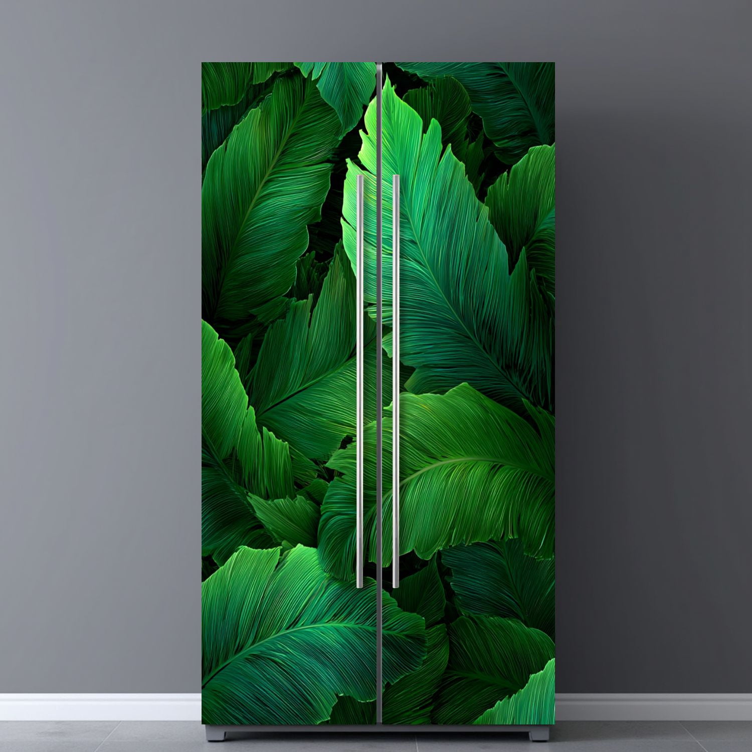 Self Adhesive Vinyl Refrigerator Wrap Set palm frond Tropical leaves Banana leaf Exotic design Door Mural Removable Fridge Sticker Peel and Stick&nbsp;Full Door Cover Decal Kitchen Bar Decor