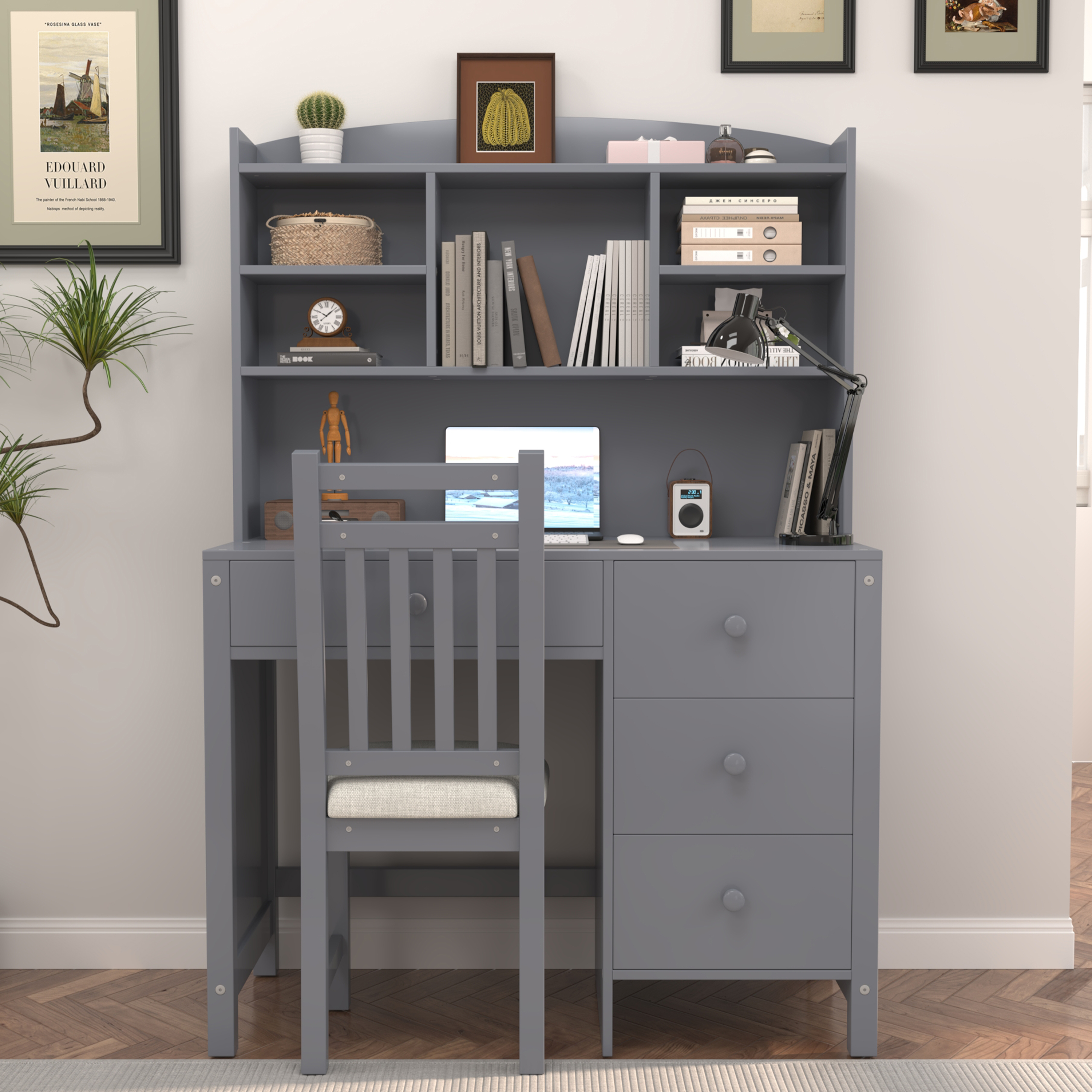 Euroco Vintage 40'' Home Executive Desk and Upholstered Chair Set with Bookshelf, Computer Desk with Four Drawers, Storage Shelf, and Chair