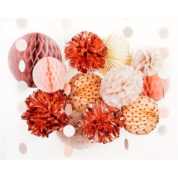 PapaKit Premium Paper Decoration Set - Pom Pom, Honeycomb and Accordion Lantern (Dusty Rose Bloom with Metallic Rose Gold) Birthday Party Baby Shower Bride to Be Engagement Wedding Events