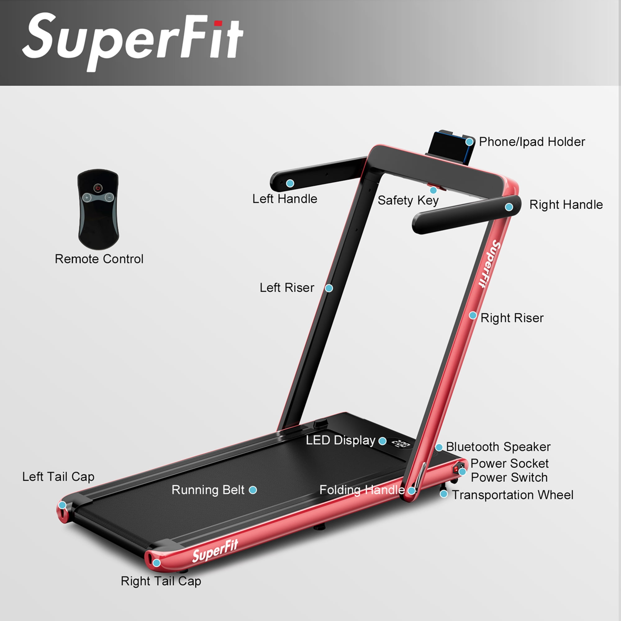 SuperFit Up To 7.5MPH 2.25HP 2 in 1 Single Display Screen Folding Treadmill W/ APP Control Speaker Remote Control Blue