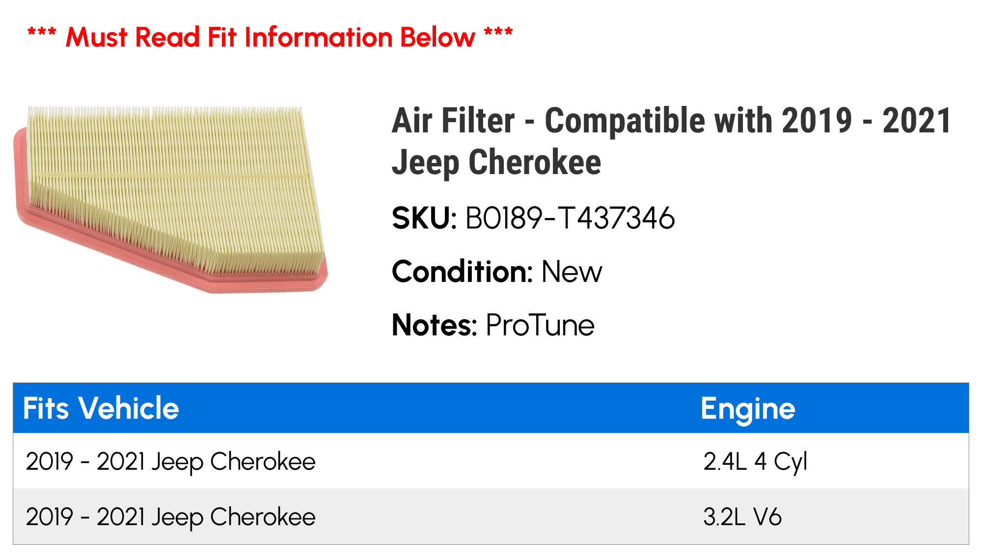 API ProTune Engine Air Filter for 2019-2021 Jeep Cherokee 2.4L 4 Cyl, 3.2L V6