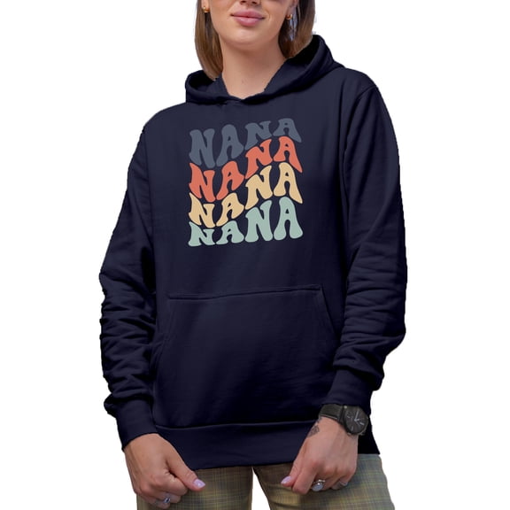 Nana, Grandma, Grandmother or Grandparent Themed, Groovy Retro Wavy Text Merch Gift, Navy Blue Hooded Sweatshirt or Hoodie, Large