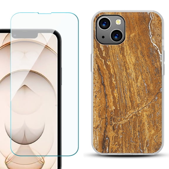 Slim-Fit Flexible TPU Gel Phone Case for iPhone 13, with Tempered Glass Screen Protector, by OneToughShield ® - Marble / Earth