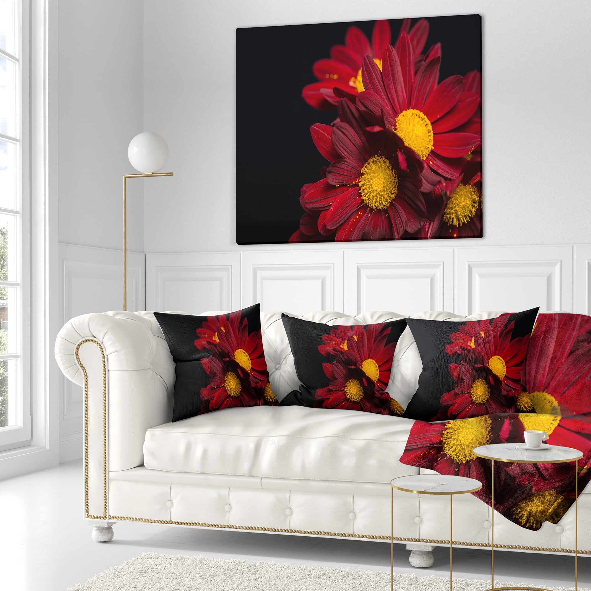 Designart Red Velvet Chrysanthemum Flowers - Floral Throw Pillow - 18x18