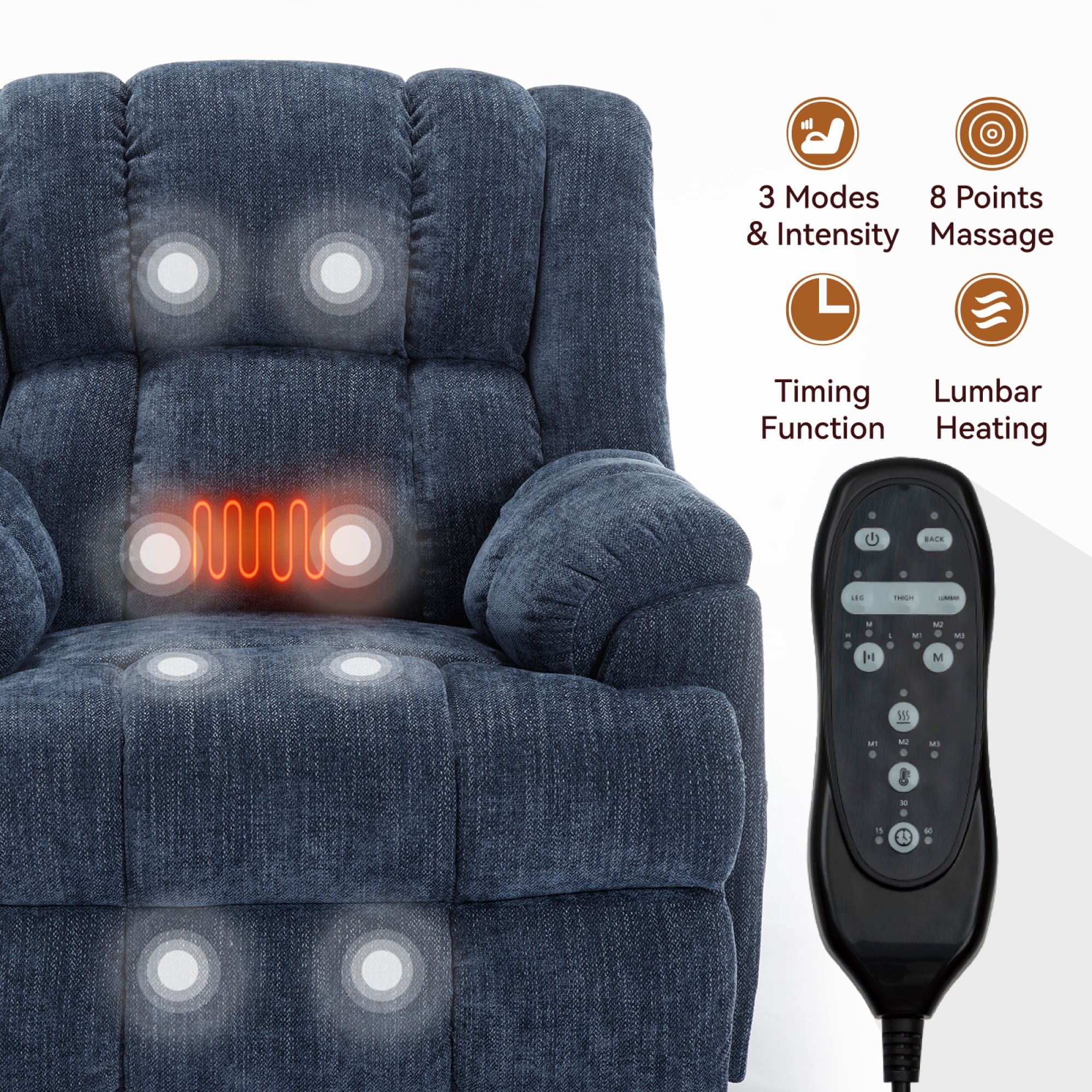 Leumius Large Power Lift Recliner Chair for Elderly,Heavy Duty Dual Motor Chenille Electric Recliners Chair with Massage and Heat for Living Room,Gray