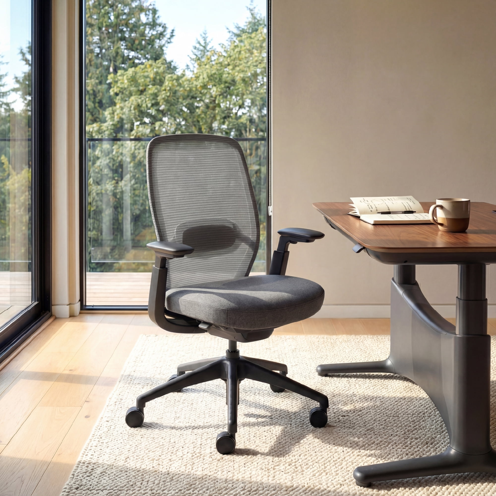COLAMY Aether Ergonomic Mesh Office Chair, One-Touch Easy Adjust Managerial Desk Chair with Levitating Seat Cushion & Pilot-Level Sync Armrests, 300 LBS Mid Back Mesh Computer Chair, Grey