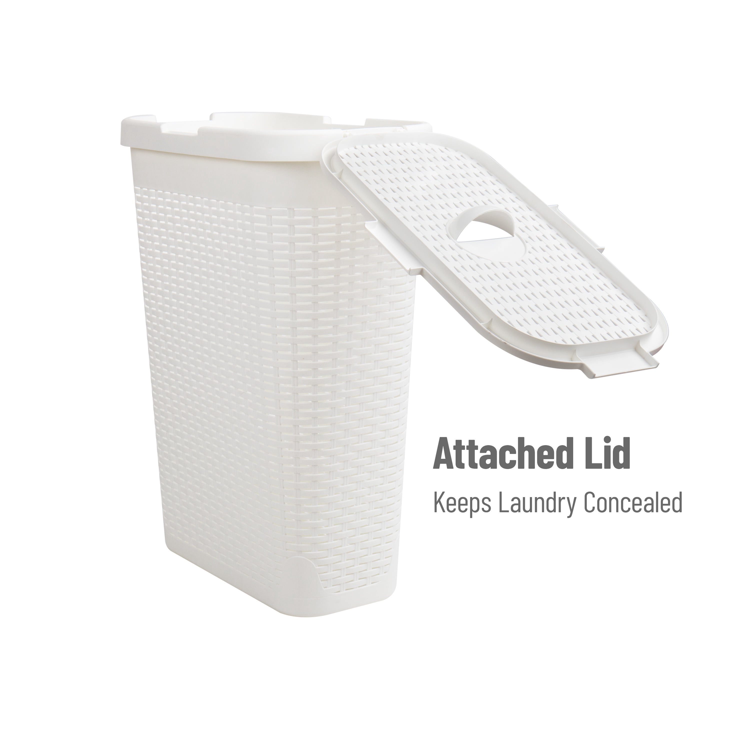 Mind Reader 40L Slim Laundry Hamper, Clothes Basket, Lid, Wicker Design, Plastic, 18"L x 10.4"W x 23.5"H, Set of 3, White