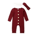 thumbnail image 1 of Baby Solid Romper Knitted Rib Long Sleeve Trousers Button Jumpsuit Headband, 1 of 7