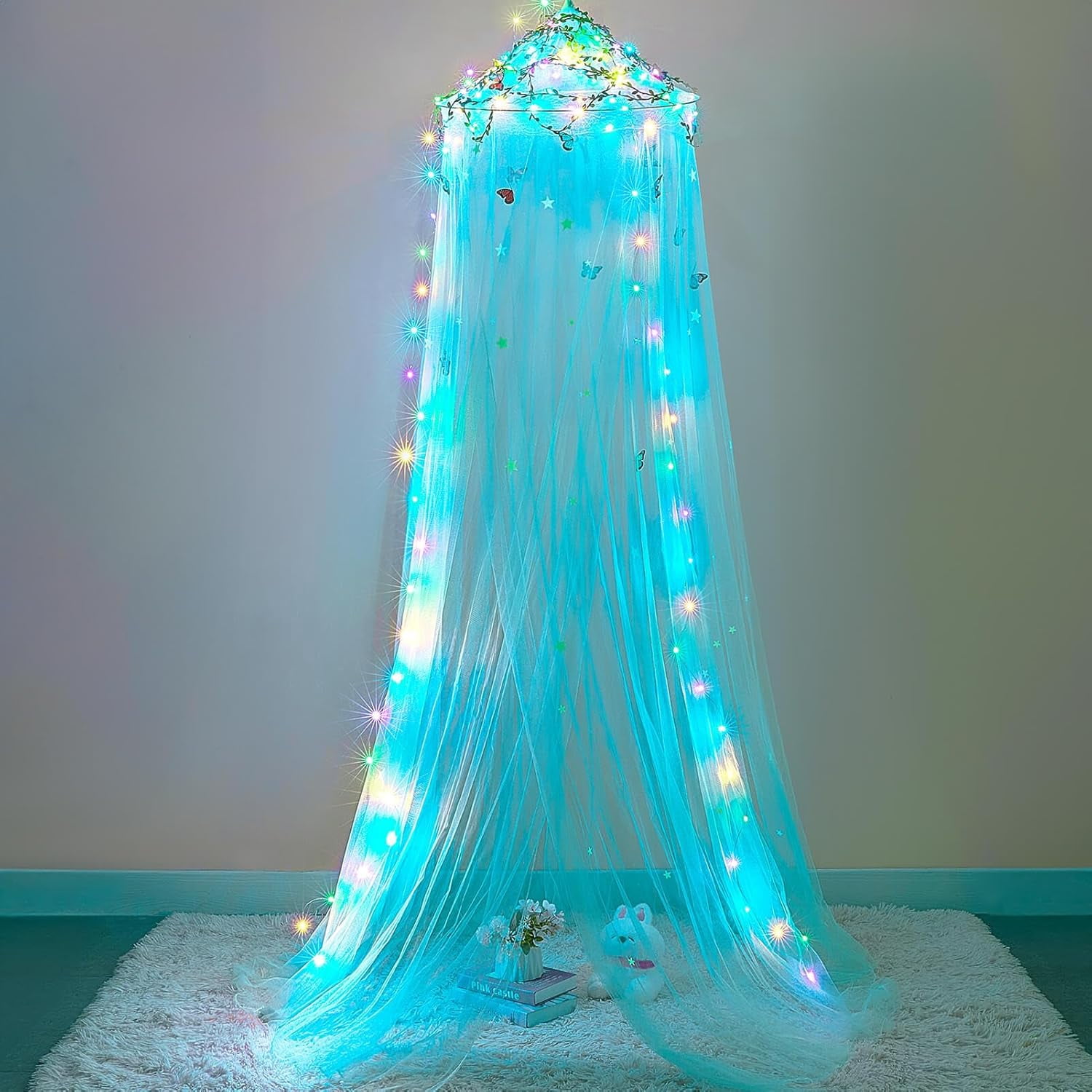 CAILDANL Bed Canopy for Girls Room Bed Canopy Curtains with Led Lights Mosquito Net DIY Princess Room Décor with Stars Butterflies for Kids Bedroom, Hot Pink